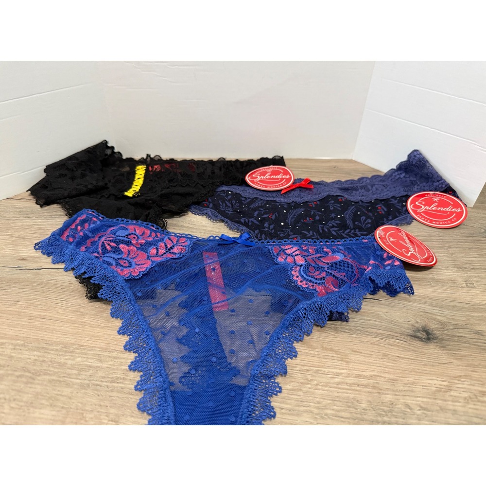 Splendies Womens Lace Panty Bundle 3 Pack Blue Navy Black Floral Thong Bikini XL